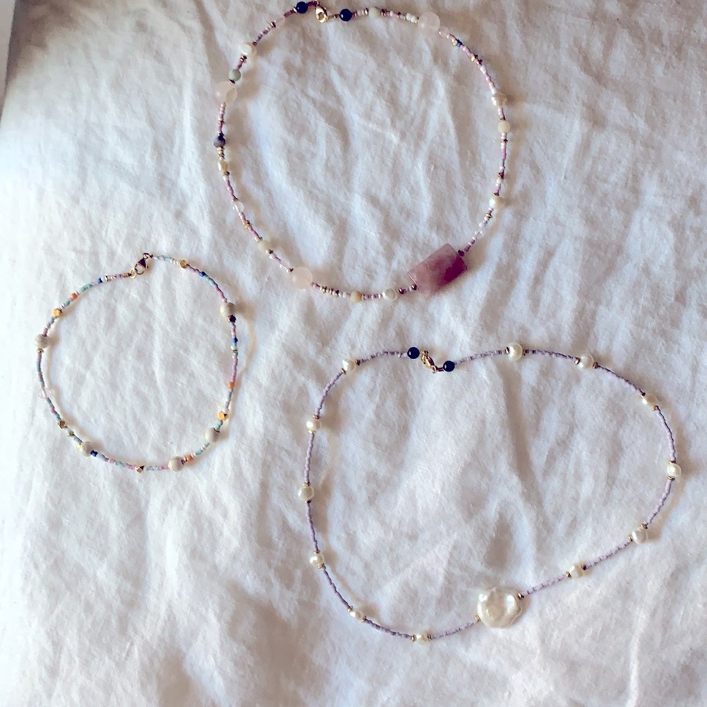 Crystal bead choker- rose quartz, pearl, amazonite